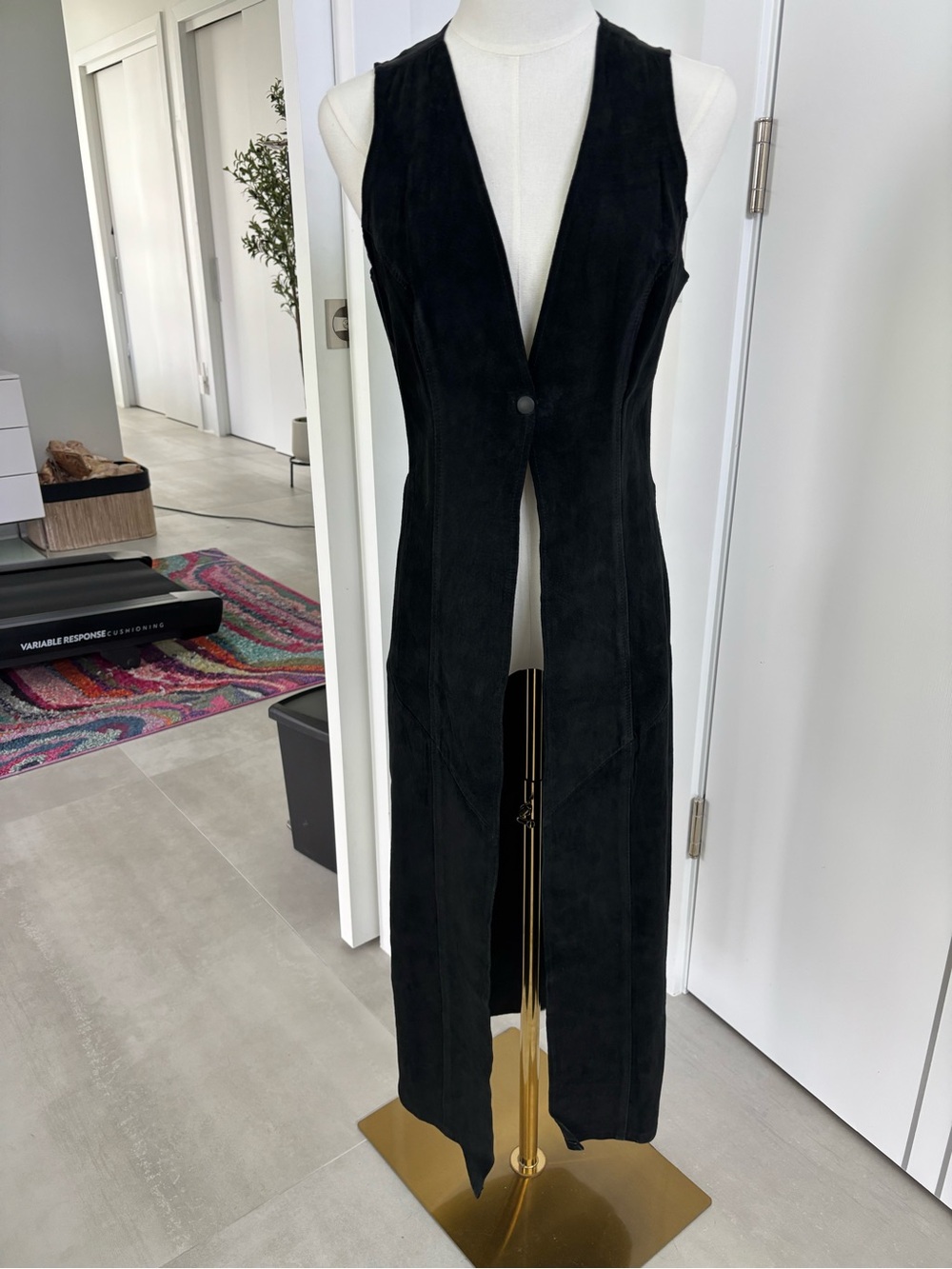 Black Sleeveless V-Neck Suede Midi Dress/Vest